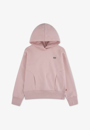 Jasnoróżowa bluza z kapturem i długim rękawem, z przednimi kieszeniami, ściągaczami przy mankietach i u dołu oraz małym logo Levi's na piersi.