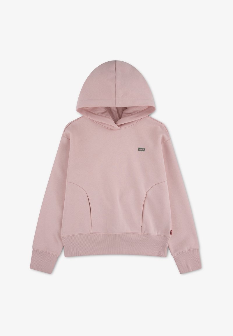 Sweat à capuche rose clair à manches longues avec poches à l'avant, poignets et ourlet côtelés, et petit logo Levi's sur la poitrine.