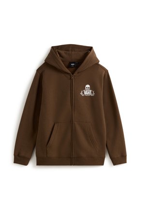 Bruine zip-up hoodie gemaakt van zacht fabric, met een logo aan de voorkant, twee zijzakken en een capuchon met trekkoord. Eenvoudig, comfortabel ontwerp.