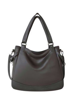 Dark brown leather handbag with dual shoulder straps and a detachable crossbody strap, displayed against a white background.