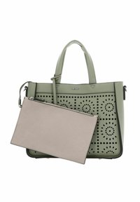 Sac à main en cuir vert perforé avec double poignée et une pochette beige détachable. Présente des découpes géométriques et une texture lisse.