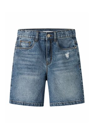 Niebieskie szorty dżinsowe z przodem zapinanym na guziki, szlufkami na pasek, przednimi kieszeniami oraz małą przetarą łatą na prawej udzie.