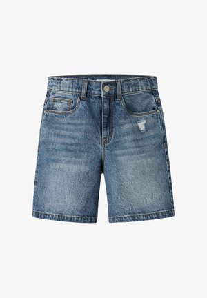 Μπλε denim σορτς με κουμπί μπροστά, θηλιές για ζώνη, μπροστινές τσέπες και μικρό φθαρμένο σημείο στο δεξί μηρό.