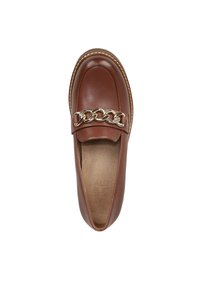 Bruine leren loafers met een kettingaccent, ronde neus en contrasterende stiksels. Gladde textuur met een gevoerde binnenzool.