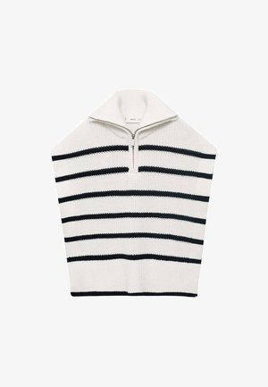 Strickpullover in Creme mit Marineblauen Streifen, ausgestattet mit einem hohen Kragen und einem Reißverschluss. Lockere Passform mit geripptem Saum und strukturiertem Gewebe.