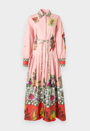 Pink cotton dress with long sleeves, a collared neckline, belt tie, and colorful, detailed prints at the hem and sleeves.