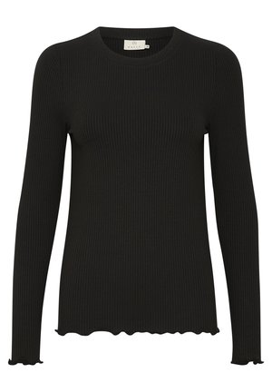 Black long-sleeve ribbed top with rounded neckline; textured fabric; scalloped edge at hem and sleeve cuffs; fitted design.