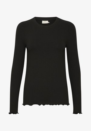Black long-sleeve ribbed top with rounded neckline; textured fabric; scalloped edge at hem and sleeve cuffs; fitted design.