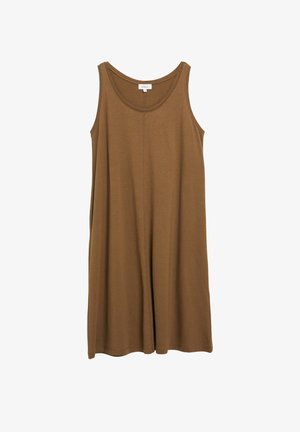 Bruine mouwloze casual jurk met een ronde halslijn en een losse, rechte snit, plat hangend op een witte achtergrond.