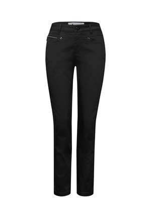 Pantalon noir slim avec poches zippées à l'avant et sur les côtés, fermeture par bouton, passants pour ceinture, et jambes ajustées.