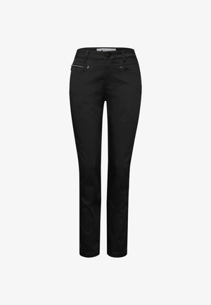 Pantalon noir slim avec poches zippées à l'avant et sur les côtés, fermeture par bouton, passants pour ceinture, et jambes ajustées.