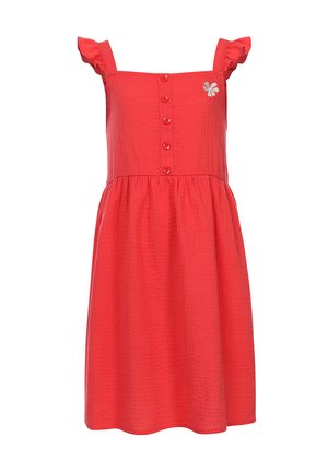 Rotes ärmelloses Kleid mit Rüschenträgern, strukturiertem Stoff, Knopfleiste vorne und einer kleinen Blumenapplikation nahe der Schulter.