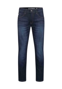 Dark blue denim jeans with a slim fit, five pockets, and subtle fading in the fabric. Features a button fly and contrasting stitching.