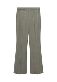 Pantaloni gri bine croiți, cu o tăietură dreaptă, fabricați dintr-un material texturat. Au buzunare frontale și un brâu plat în față.