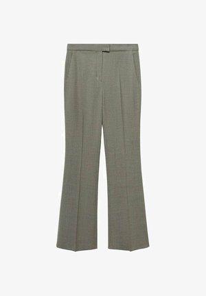 Pantalons gris ajustés avec une coupe droite, en tissu texturé. Comprend des poches avant et une taille plate.