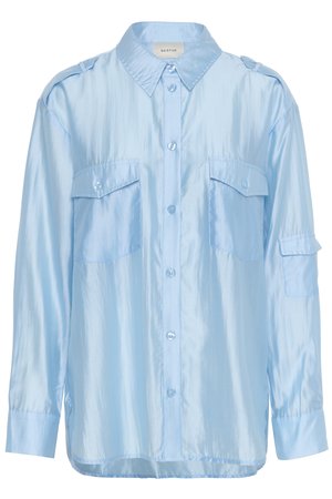 Light blue long-sleeve satin shirt with button-up front, two chest flap pockets, and shoulder epaulets.