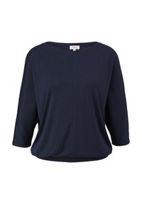 Marineblauw, losvallend shirt met 3/4 mouwen en ribbeltextuur. Heeft een ronde halslijn en een subtiel gebogen zoom. Eenvoudig ontwerp, geen patronen.