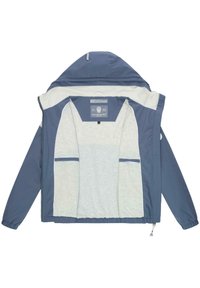 Veste légère bleu marine avec un intérieur gris, fermeture éclair et deux poches avant. Comprend une capuche réglable et des poignets élastiques.