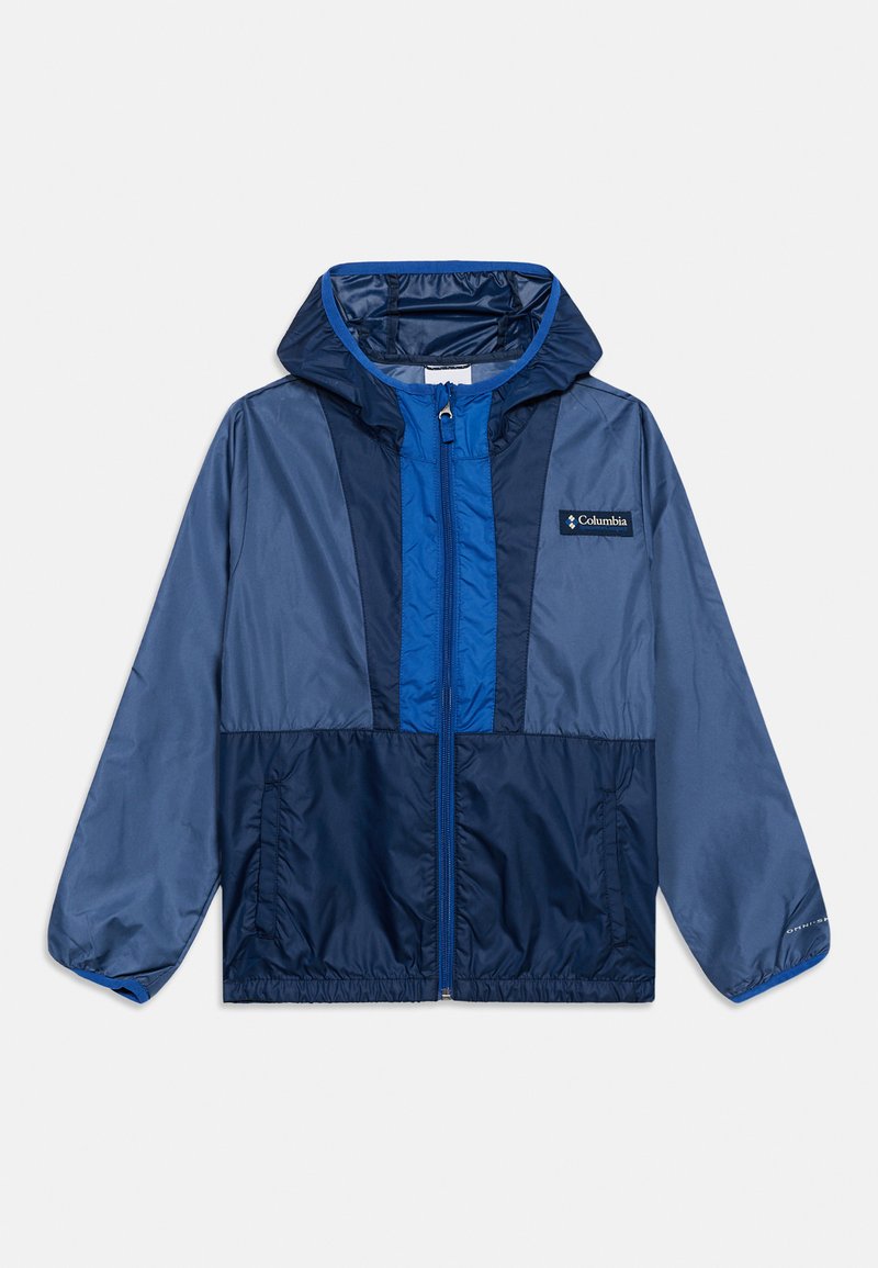 Μπλε μπουφάν Columbia με κουκούλα, φερμουάρ μπροστά, ελαστικές μανσέτες και πλευρικές τσέπες, σχεδιασμένο για υπαίθρια χρήση.