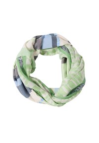 Lichtgroene, blauwe, beige en grijze infinity sjaal met abstracte patronen en zilveren paillettenaccenten, opgevouwen in een cirkelvorm.