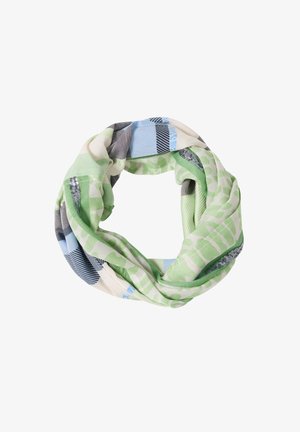 Ljust grön, blå, beige och grå oändlighetssjal med abstrakta mönster och silverglittrande paljettaccent, vikt i en cirkulär form.