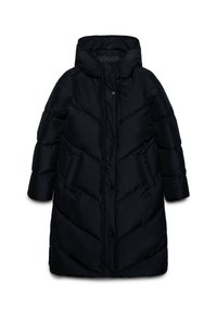 Langer schwarzer gepolsterter Wintermantel mit Kapuze, vorderen Druckknöpfen, Seitentaschen und diagonaler Steppnaht.