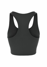 Zwarte geribbelde sportbeha met brede racerbackbanden en een naadloos ontwerp. Soepele textuur en aansluitende vorm zonder extra hardware of versieringen.