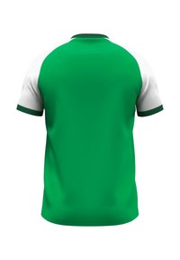Grünes Kurzarm-Trikot mit weißen Ärmeln. Runder Halsausschnitt und kontrastierender grüner Besatz. Glatter Stoff, entworfen für Sportbekleidung.
