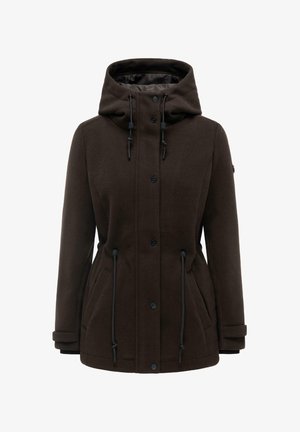 Mørkebrun hættejakke med trykknapper foran, justerbare snore i hætten og taljen, sidelommer og stropper ved ærmekanterne.