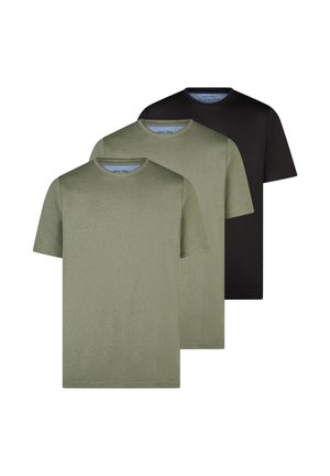 Drie effen T-shirts met korte mouwen en ronde hals in lichtgroen, olijfgroen en zwart, overlappend weergegeven op een witte achtergrond.