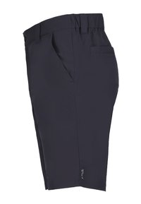 Marineblaue Shorts aus leichtem Material, mit flachem Bund, Seitentaschen und einer einzelnen Gesäßtasche. Sauberes Design ohne sichtbare Muster.