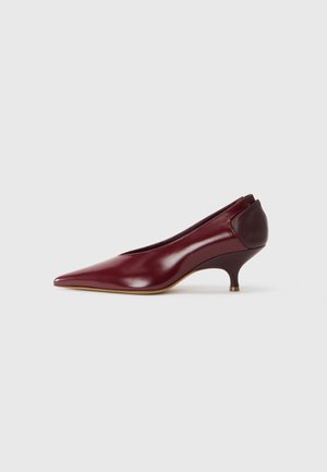 Bordeaux leren pump met een puntige neus en een lage, gebogen hak. Glad textuur met een contrasterende donkere hakaccent.