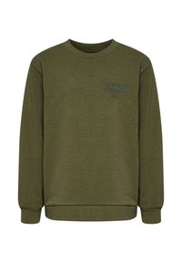 Olivgrünes Sweatshirt mit langen Ärmeln, rundem Ausschnitt und einem dezenten, geprägten Logo auf der Brust; gefertigt aus weichem, strukturiertem Stoff.