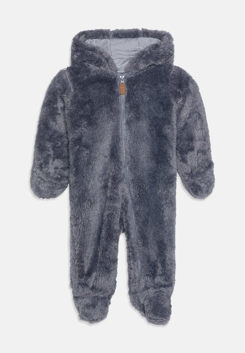 Grenouillère pour bébé en polaire grise avec capuche, dotée d'une fermeture éclair frontale, d'une doublure rayée et de poignets et ouvertures pour les pieds élastiqués pour plus de chaleur.
