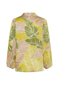 Bluse med lange ærmer i et let, gennemsigtigt stof med et levende løvmønster i grønne, gule og beige nuancer, med en afslappet pasform.