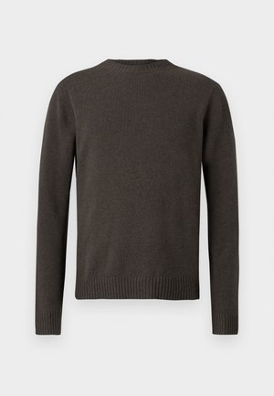 Dark gray knitted sweater, crew neck, long sleeves, ribbed cuffs and hem. Smooth texture, medium thickness, and minimalistic design.