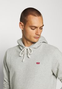 Grijze sweatshirt gemaakt van een katoenmix. Voorzien van een capuchon met witte trekkoorden en een klein rood Levi's logo op de borst. Zachte textuur.