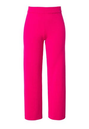 Pink wide-leg trousers with a stretchy waistband, made from soft fabric. Smooth texture with no visible patterns or hardware details.