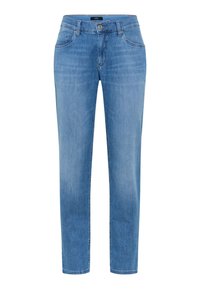 Jeans in denim blu con taglio dritto, cinque tasche, chiusura a zip e passanti per cintura. Texture liscia con una finitura leggermente sbiadita.