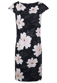 Vestido negro hasta la rodilla con mangas cortas, gran patrón floral en tonos rosa pálido y blanco, y contornos de hojas sutiles.