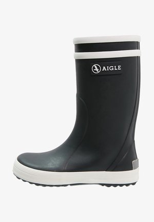 Sort gummistøvle med hvid sål og topkant, med Aigle-logo på oversiden.