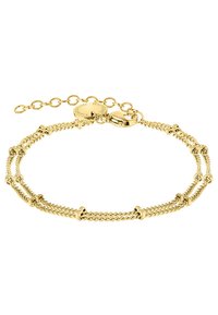 Bracciale in oro con maglie attorcigliate, piccole perline decorative e una chiusura regolabile con un'etichetta rotonda.