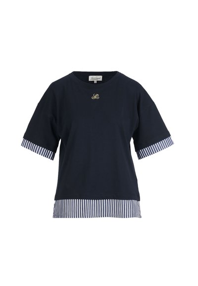 Navy blue short-sleeve top with white and navy vertical striped cuffs and hem, featuring a small gold embroidered "LB" logo on the chest.