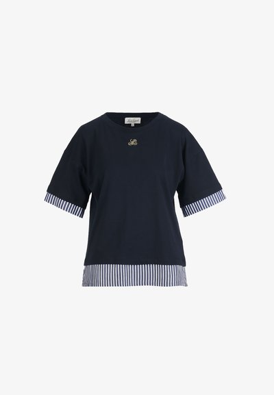 Navy blue short-sleeve top with white and navy vertical striped cuffs and hem, featuring a small gold embroidered "LB" logo on the chest.