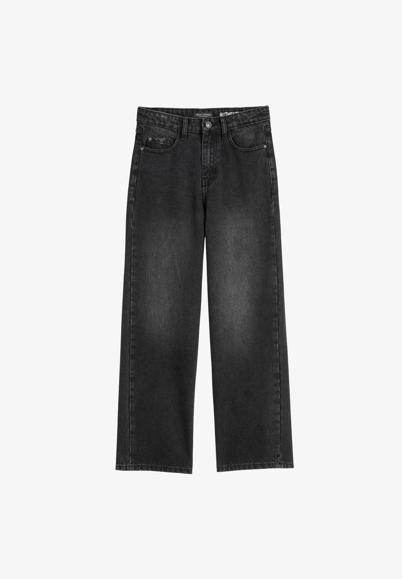 Jeans larges noirs en denim, avec un design classique à cinq poches et un ourlet brut. Le tissu a une texture légèrement délavée.