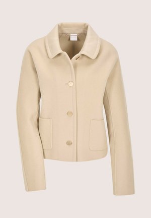 Beige Jacke aus Wollmischung mit spitzem Kragen, Knopfleiste vorne und zwei Fronttaschen. Glatte Textur und taillierte Passform.