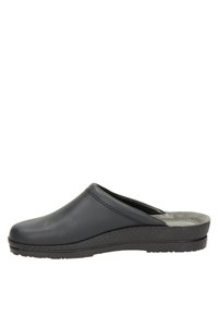 Zwarte instapklomp met een gladde bovenkant, zachte binnenzool en een gestructureerde buitenzool. Heeft een lage hak en een ronde neus voor extra comfort.