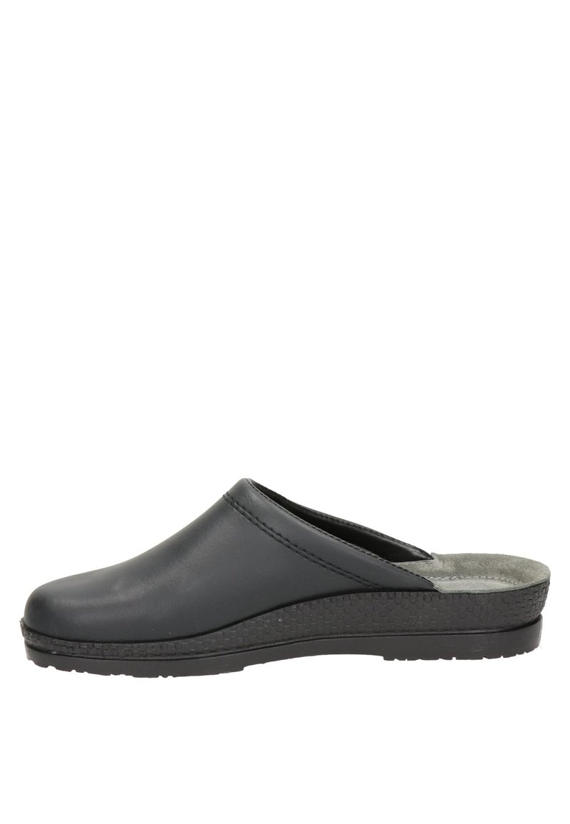 Zwarte instapklomp met een gladde bovenkant, zachte binnenzool en een gestructureerde buitenzool. Heeft een lage hak en een ronde neus voor extra comfort.