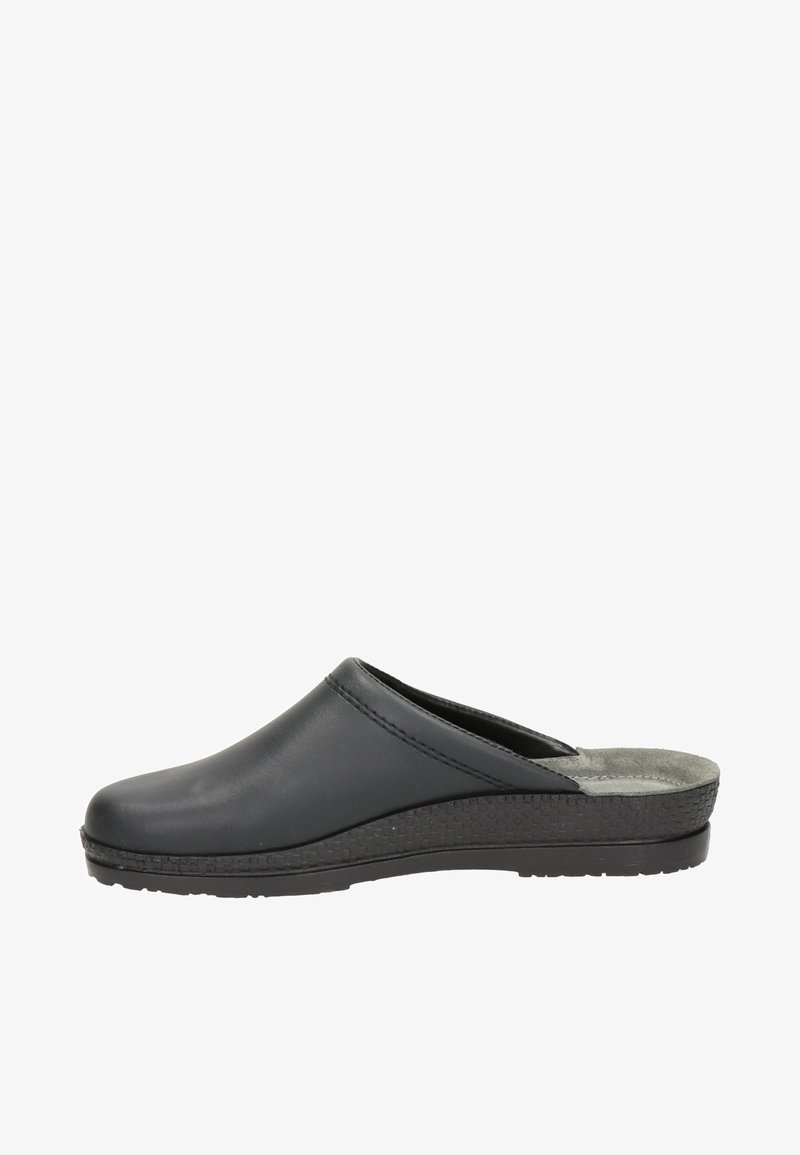 Zwarte instapklomp met een gladde bovenkant, zachte binnenzool en een gestructureerde buitenzool. Heeft een lage hak en een ronde neus voor extra comfort.