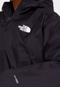Gros plan d'une personne portant une veste noire The North Face avec une fermeture éclair visible, un logo sur la poitrine et une étiquette DryVent sur la manche.